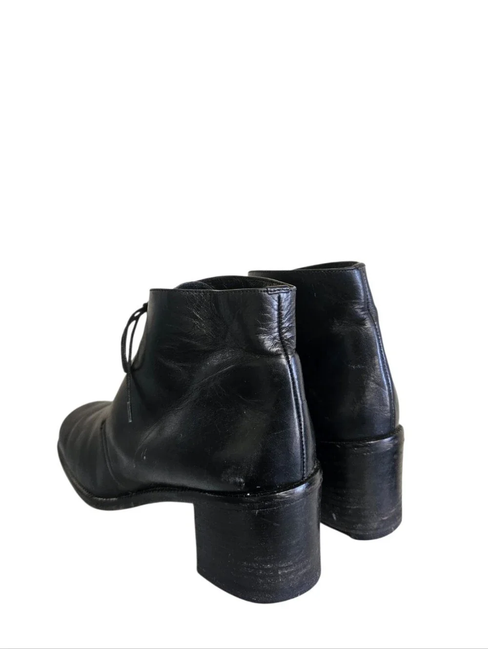 Crew Black Leather Square Toe Block Heel Lace Up Ankle Boots 10M Made In Italy
